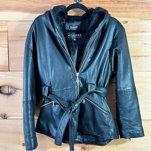 Wilsons Women's Black Leather Belted Hooded Jacket Moto Bikercore Luxury
